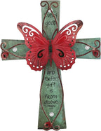 INHAI Handcrafted Christian Wall Cross 9x7,James 1:17 Verse on Wood with Antiqued Metal,Mother's Day Inspirational Home Decor Gift(Red)