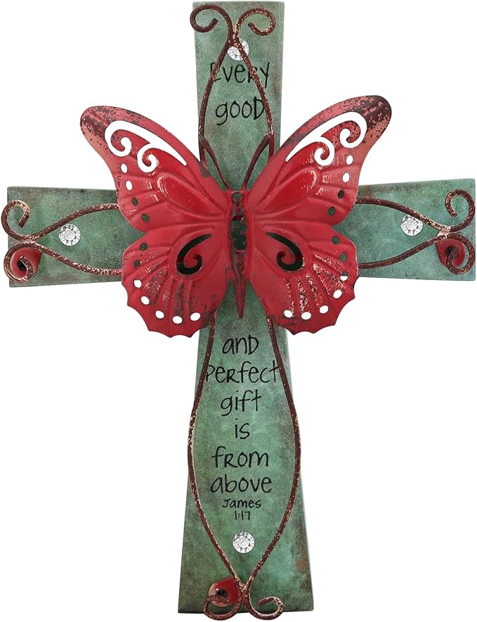 INHAI Handcrafted Christian Wall Cross 9x7,James 1:17 Verse on Wood with Antiqued Metal,Mother's Day Inspirational Home Decor Gift(Red)