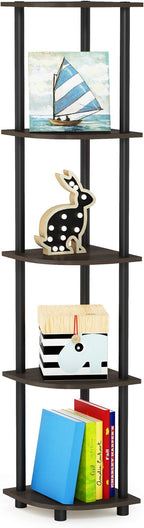 Furinno TURN-N-TUBE Corner Shelf, 5-Tier Corner Bookshelf, Open Storage Shelves, for Organization and Storage, Living Room, Home Office, Garage, Bedroom, Dark Brown Grain