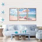 KAlRNE Summer Pink Beach Framed Canvas Wall Art Set of 3(24”X36”),Seascape Coastal Surfing Wall Decor,Modern Nature Ocean Art Prints For Living Room Bedroom Office