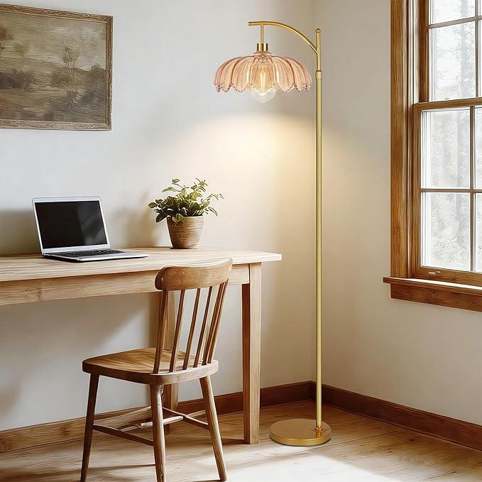 QIYIZM Floor Lamp for Living Room,Bedroom,Gold Dimmable Standing Lamp with Remote,Mid Century Modern Brass Tall Lamp Retro Vintage Glass Lamp Floor Light Boho Bohemian