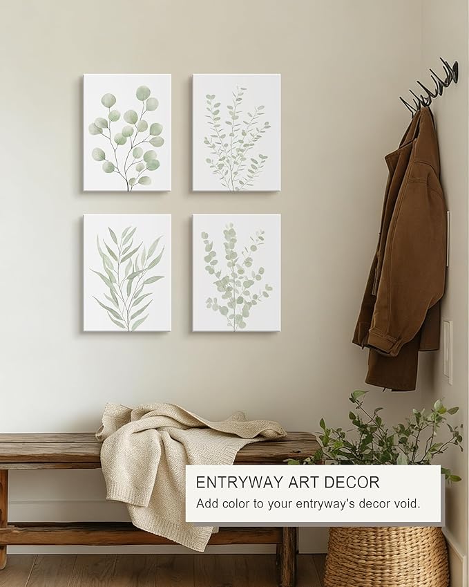 Drsoum Botanical Plant Framed Wall Art Boho Wall Decor for Bathroom Sage Green Eucalyptus Leaf Prints Minimalist Aesthetic Ready to Hang Set of 4, 12x16 in (Framed)