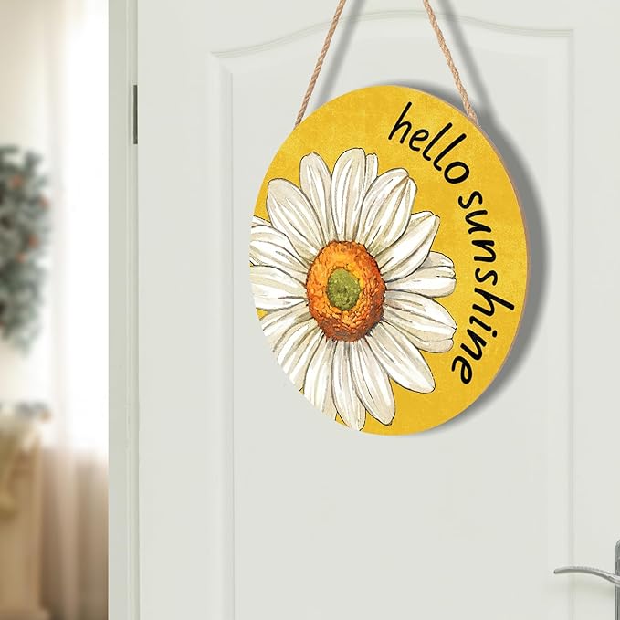 Spring Summer Daisy Flower Front Door Sign Hello Sunshine Floral Wood Door Hanger Outdoor Outside Porch Decor Seasonal Wooden Wreath Farmhouse Indoor Wall Hanging Decoration for House 12"x12"