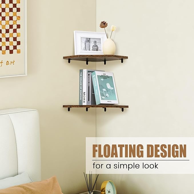 Fun Memories Corner Shelf Wall Mount, Floating Corner Shelves, Set of 2 Corner Wall Shelf Organizer, Rustic Wood Wall Storage Display Shelves for Living Room Bedroom Bathroom Kitchen, Rustic Brown | Organizer