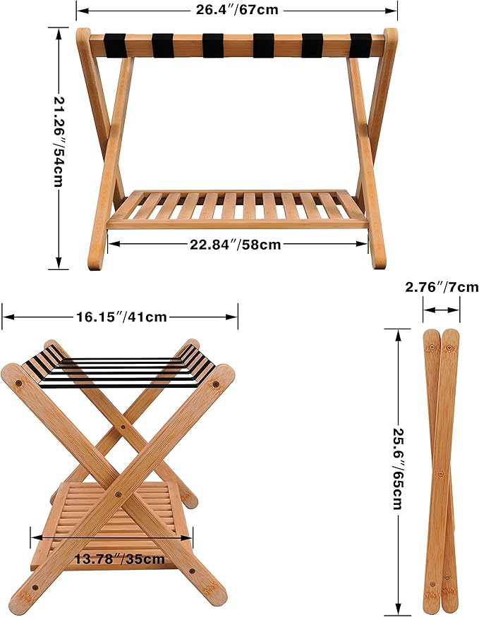 SMIBUY Luggage Rack, Set of 2, Foldable Bamboo Suitcase Stand with Storage Shelf for Guest Room, Bedroom, Hotel, Heavy-Duty (Natural)