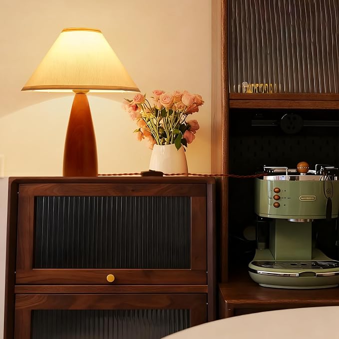 Bedside Table Lamp for Bedroom, Mid-Century Modern Plug in Fabric Shade & Solid Wood Base Desk Lamp, Plug & Play Red Wood Nightstand Lamp for Living Room 【Bulb Included】