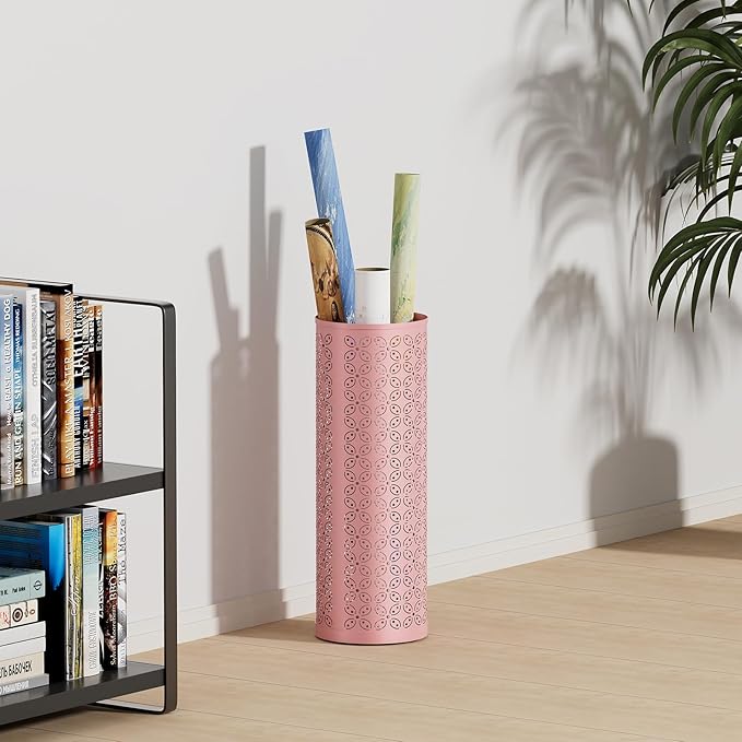 Metal Round Umbrella Stand,Free Standing Umbrella Holder Bin, Canes Walking Sticks Holder for Entryway, Home, Office,Pink