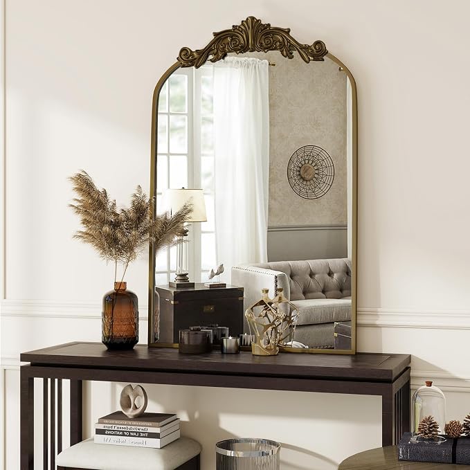 VooBang Vintage Arched Bathroom Mirror, 26x38 Inch Retro Wall Mounted Vanity Mirror with Carved Pattern Top and Metal Frame, Antique Decorative Mirror for Hanging or Leaning