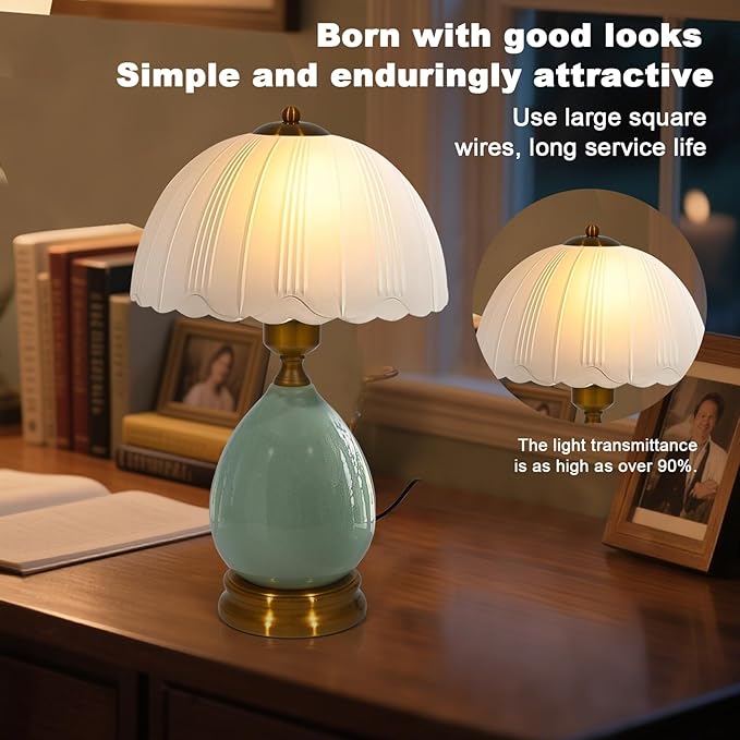 Table Lamps Ceramic Retro Lamp for Living Room,16.73" Modern Bedside Nightstand Traditional Lamps, Classic Chinoiserie Green Glass Lamp for Home (French Country)