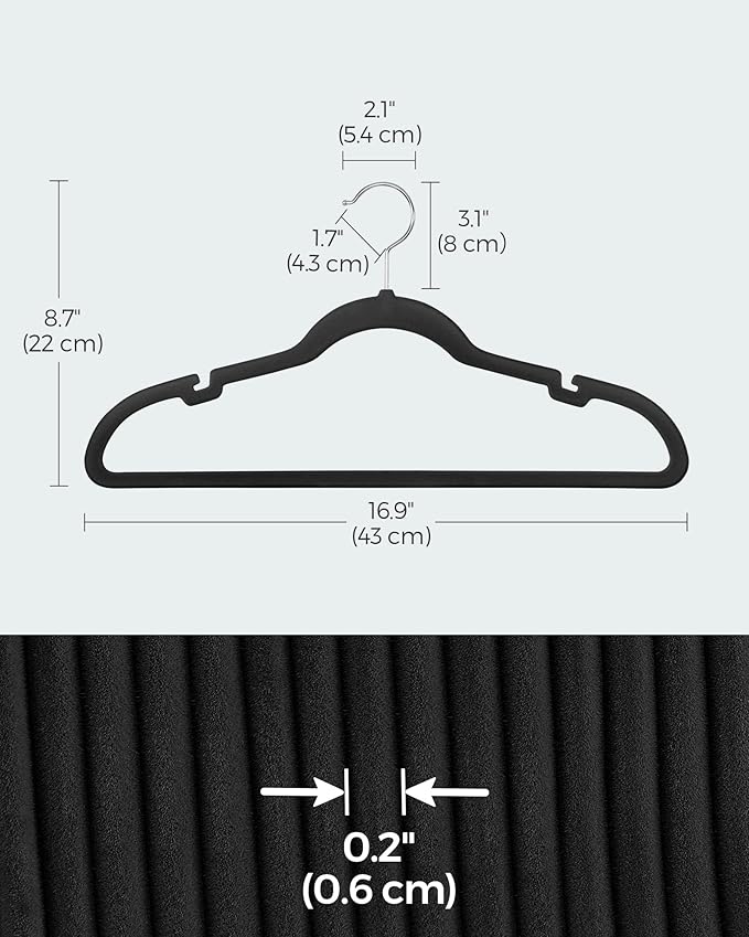 SONGMICS Velvet Hangers 60 Pack, Non-Slip Clothes Hangers with Shoulder Notches, Pants Bar, 360° Swivel Hook, Space-Saving, for Closet, Ink Black UCRF030B01