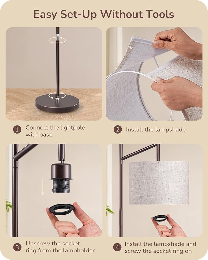 EDISHINE 64.7IN Minimalist Arc Floor Lamp with Remote & Foot Pedal Switch, 5CCT, Dimmable, Modern Floor Lamp for Living Room, Bedroom, Bulb Included, Brown