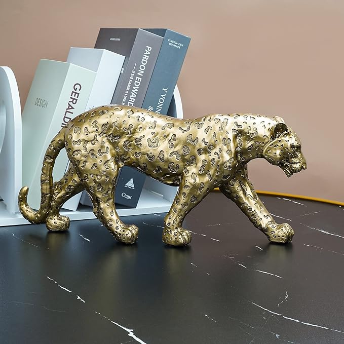 Cheetah Statue Home Decor Leopard Sculpture Resin Sitting Cheetah Figurine Desktop Table Top Ornament Decoration for Home Office-Gold Or Silver (Walking-Champagne Gold)