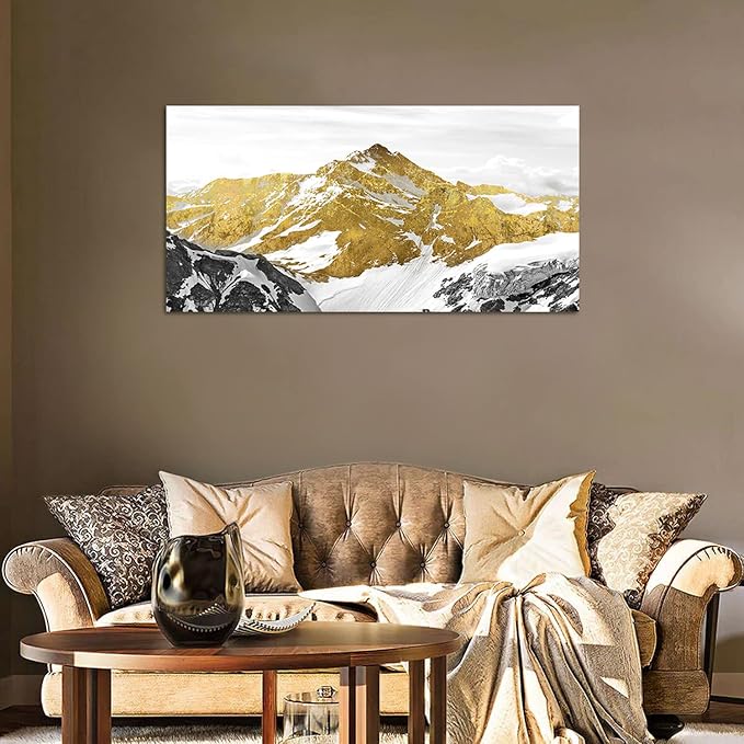 Golden Mountain Canvas Wall Art for Living Room Snowy Mountains Hill Landscape Wall Decor Abstract Black and Gold Mountain Scenery Print Picture Large Artwork for Bedroom Office Home Decoration 20x40"