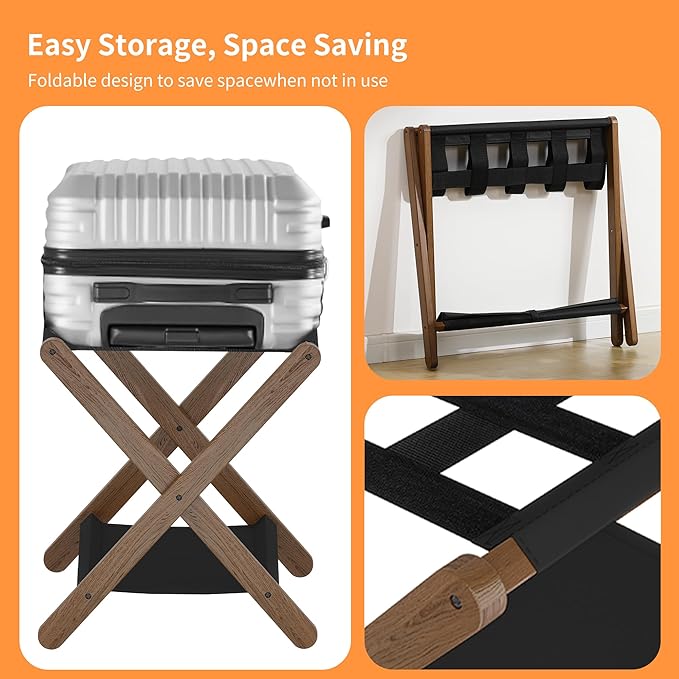Heybly Luggage Rack, Folding Suitcase Stand with Storage Shelf, Luggage Holder with 5 Nylon Straps for Guest Room Bedroom Hotel, Walnut, HLR010WB1