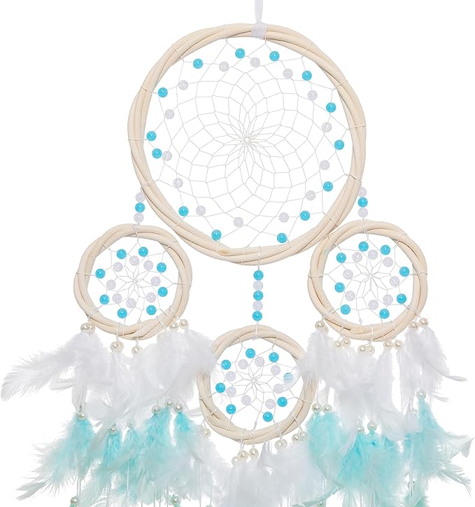 Large Rattan Dream Catchers - Light Blue Rooster Feather with Luxury Pearl, Multiring, Handmade Dreamcatcher for Bedroom, Dream Catcher for Girls, Dream Catchers for Boys, Dream Catcher Wall Decor