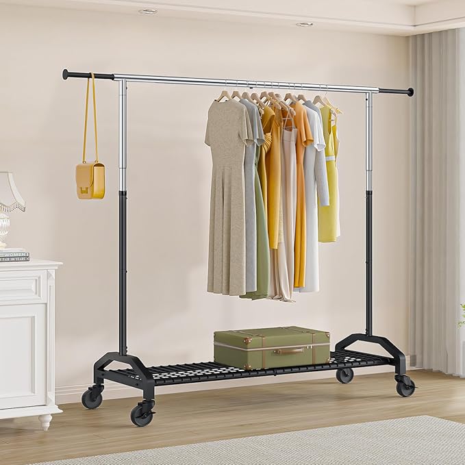 Heavy Duty Clothes Rack for Hanging Clothes Extendable Rolling Clothing Rack for Hanging Clothes 350lbs Chrome 51 to 71" W x 16.53" D x 65" to 71" H 3" Industrial Wheels