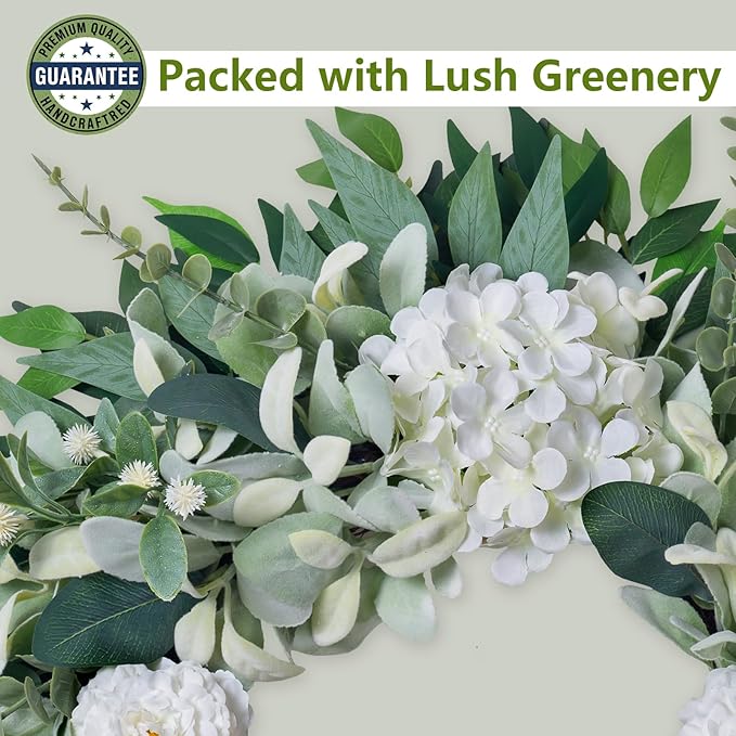 Spring Summer Wreath for Front Door Year-Round, 20" Artificial Greenery Wreath for Porch Wall Window, Farmhouse Holiday Decor with Lamb’s Ear Hydrangea Peony