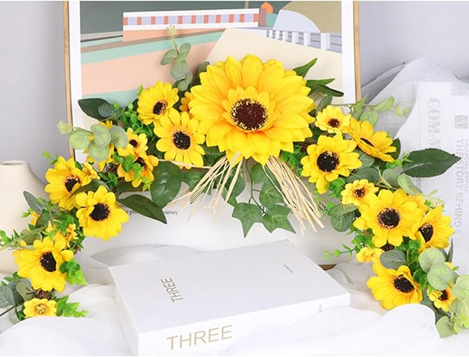 Artificial Sunflower Swag, 22.8inch Decorative Sunflowers Swag Wreath with Greenery Leaves for Mirror Home Wedding Party Door Tabletop Decoration
