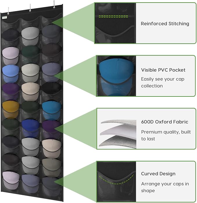 Unjumbly Baseball Hat Rack, 30 Pocket Over-The-Door Hat Organizer with Clear Deep Pockets to Display Baseball Caps Collection, Complete with 3 Over Door Hooks (Black, 30 Pockets)