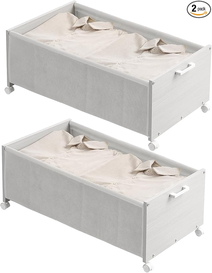 Under Bed Storage with Wheels, Wooden Under Bed Drawers On Wheels, Rolling Under Bed Shoe Storage, Space Saving,White,Quadruple Size,90L