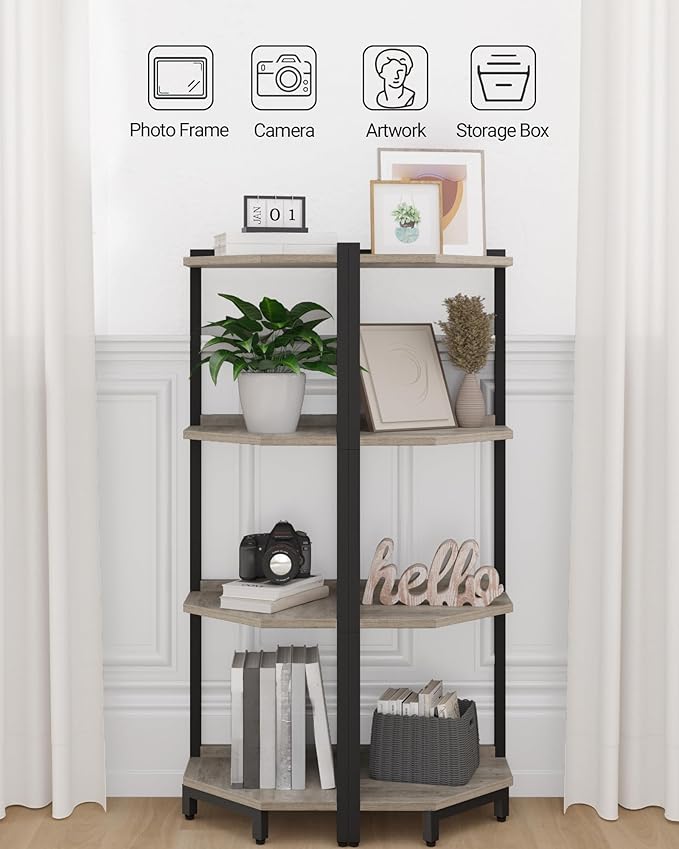 Hzuaneri Corner Shelf Stand, Corner Bookshelf, Storage Standing Shelf Unit with Metal Frame, Plant Stand, Bookcase for Living Room, Home Office, Bedroom, 4-Tier Greige CS05805B