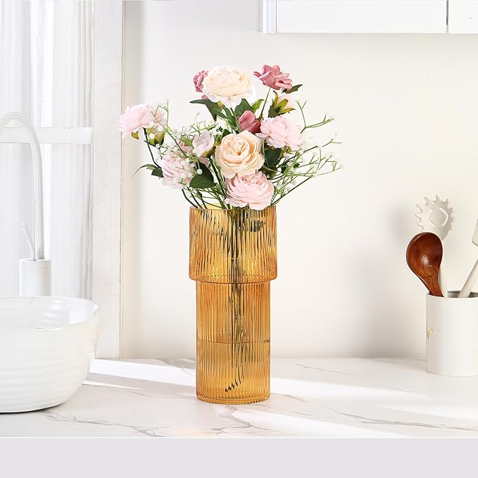 Large Glass Vase, 12 Inches Tall Vase for Flowers, Amber Flower Vases for Bouquet, Modern Amber Glass Vases for Living Room, Dining Table, Office, Entryway, Mantle, Shelf, Wedding Gifts