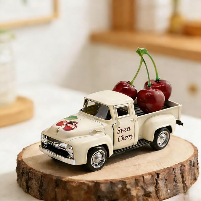 Cherry Truck Decor, Vintage Cream Pickup Truck with Cherry Arrangement, Rustic Farmhouse Summer Tiered Tray Decor, Kitchen Table Centerpiece, Home Office Shelf Decorations