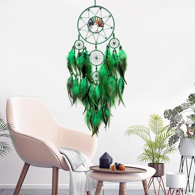 Green Large Dream Catcher Wall Decor Crystal Tree of Life Dream Catchers Handmade Feather Dreamcatcher Wall Hanging Ornament for Bedroom Living Room Home Decor
