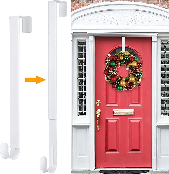 HEYHOUSE Wreath Hanger,Adjustable Length 14.9-25 Inch Metal Door Hanger,Wreath Hanger for Front Door 20 lbs Larger Christmas Wreaths Decorations HookWhite