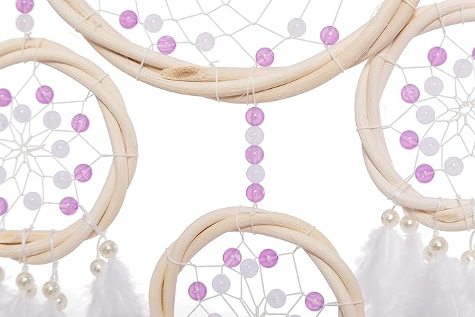 Large Rattan Dream Catchers - Light Purple Rooster Feather with Luxury Pearl, Multiring, Handmade Dreamcatcher for Bedroom, Dream Catcher for Girls, Dream Catchers for Boys, Dream Catcher Wall Decor