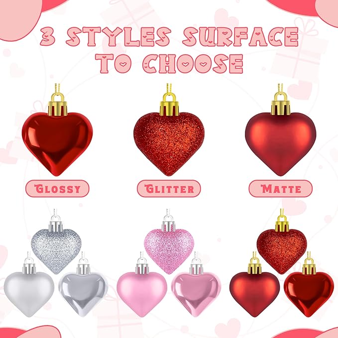 Melisheer 24pcs Valentines Day Heart Ornaments, Classic Red Pink Silver Shaped Hanging Baubles with 2 Sizes, Valentine's Decorations for Tree, Love Decor Outdoor Wedding Party Gift
