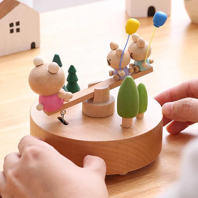 Natural Solid Wood Handcrafted Beech Wooden, Musical FigureTotoro/Carousel/Fairy/Ballerina Figurine,Rotating Hand Crank Mechanism Music Box,Musical Decorations (Seesaw)