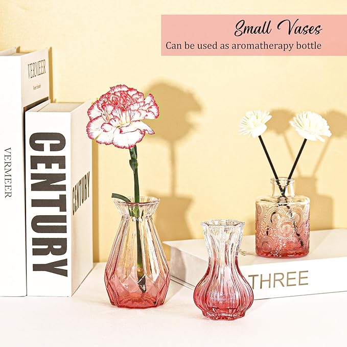 36Pcs Valentine's Day Bud Vases Set Small Vintage Glass Bottles Pink Bud Vases in Bulk Multiple Shape Cute Glass Vases for Rustic Wedding Centerpieces Table Decorations and Home Decor(Pink)