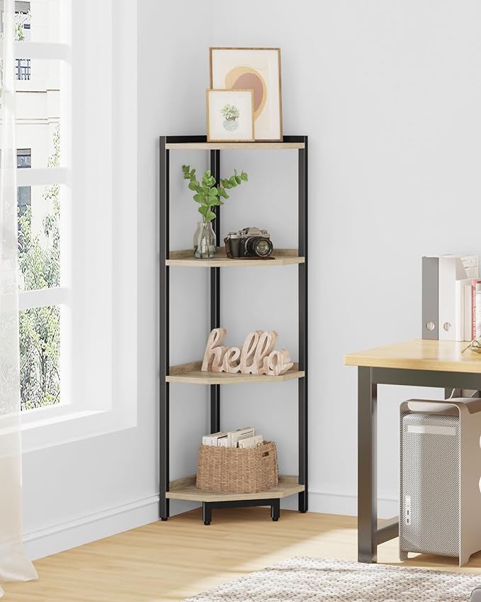 Hzuaneri Corner Shelf Stand, Corner Bookshelf, Storage Standing Shelf Unit with Metal Frame, Plant Stand, Bookcase for Living Room, Home Office, Bedroom, 4-Tier Greige CS05805B