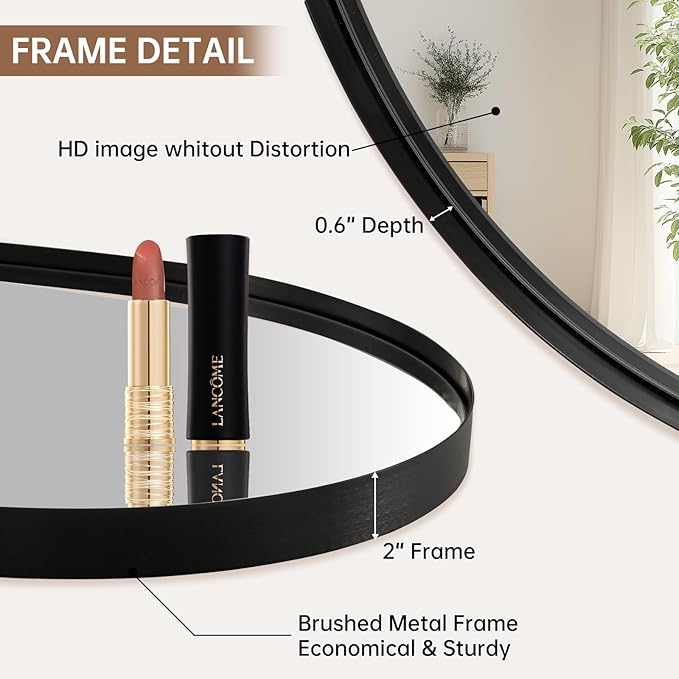 Black Oval Mirror, 17"x30" Oval Bathroom Mirror, Matte Black Mirror with Aluminium Alloy Frame, Anti-Rust, Tempered Glass, Wall-Mounted Modern Mirror for Bathroom, Bedroom, Living Room