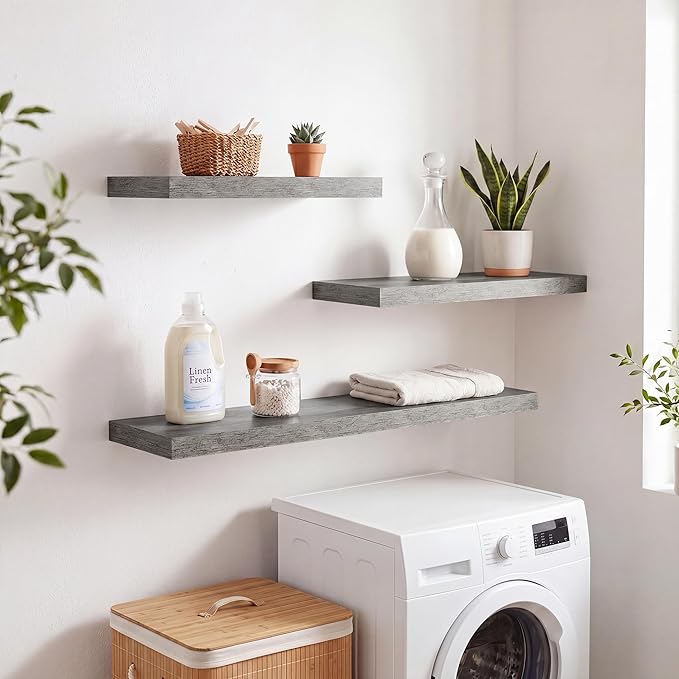 RICHFOCUS 28Inch Floating Shelves for Wall 2 Pack Shelves for Bedroom|Kitchen|Bathroom|Laundry Room Rustic Wood Wall Mounted Shelf with Invisible Brackets for Books|Storage|Decor, Grey