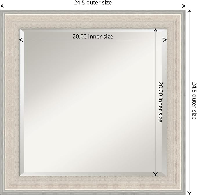 Amanti Art White Wall Mirror 24x24 Cottage White Silver Square Bathroom Mirror for Wall Decor Living Room, Medium Cottage Wood Frame, Hangs Horizonally and Vertically, Bathroom Decor, Beveled Edge