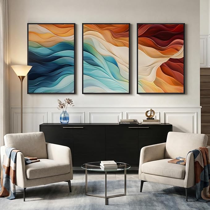 Large Framed Blue Orange Abstract Wall Art for Living Room, Set of 3 Modern Canvas Prints Paintings Artwork for Walls, Minimalist Colorful Bright Pictures for Dining Bedroom Hallway Wall Decor 24x36 In