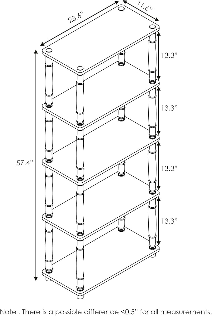 Furinno TURN-S-TUBE Storage Shelves, 5-Tier Book Shelf, Corner Shelf, Toolless Open Shelves, Classic Tubes, for Organization and Storage, Living Room, Garage, Home Office, Light Cherry