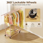 Double Rods Clothes Rack, Sturdy Rolling Clothing Rack, Portable Clothing Racks for Hanging Clothes - Metal Garment Rack Wardrobe Coat Rack for Bedroom Laundry Living Room, Pink