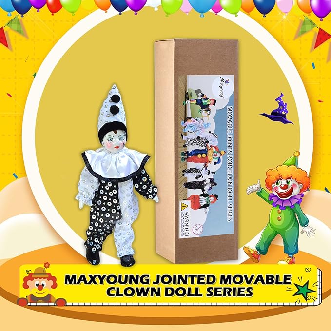 Maxyoung 9 Inch Porcelain Clown Doll Vintage Dolls Figurine, Collectible Figure, Hand Painted Toy, Christmas Halloween Birthday Gift, Movable Joints