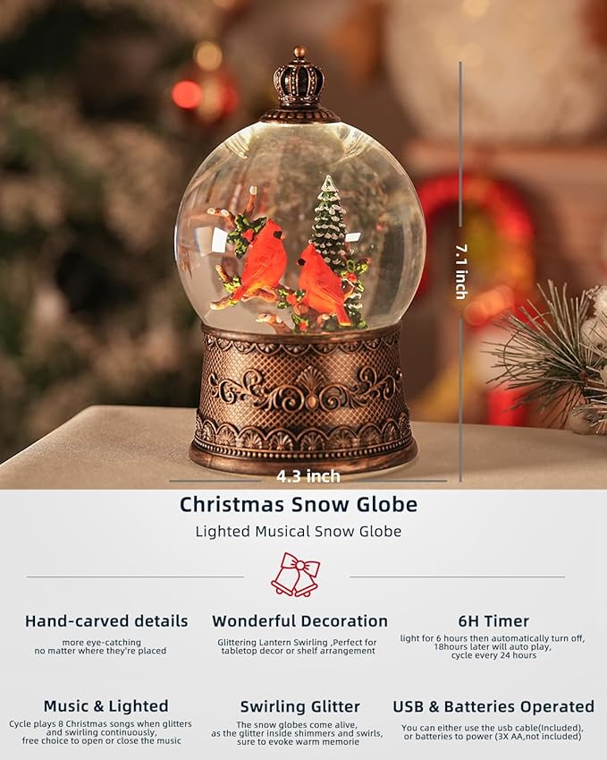 Cardinal Snow Globe, Lighted Christmas Snow Globes with Timer, Swirling Musical Glittering Snowglobe Lantern for Christmas Decorations(Cardinals)