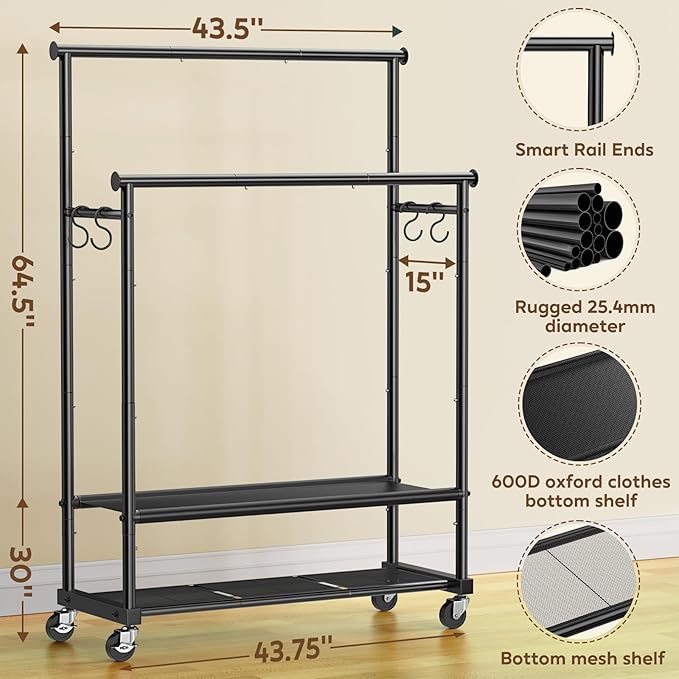 Rolling Clothes Rack with Doule Rod for Hanging, Heavy Duty Metal Garment Rack Load 450 LBS with Lockable Wheel, Free Standng Clothing Rack with 2 Shelves and Side Hooks for Home Commercial, Black