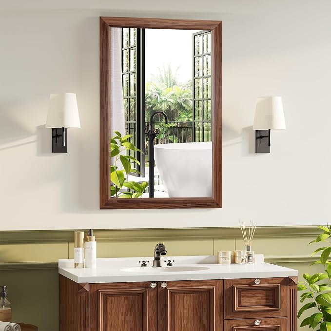 Bathroom Mirror for Over Sink,24x36Inch Thick Anti-Rust Wood Grain Metal Frame, Rectangle Decorative Wall Mirror with HD Tempered Glass, Horizontal or Vertical Mount for Vanity, Bathroom,Living Room