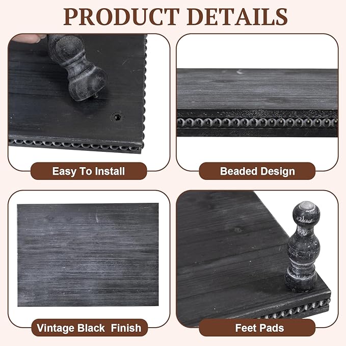 MAONAME Wood Display Risers Decorative Tray Set of 3, Farmhouse Pedestal Stand for Display Home Decor, Vintage Black Beaded Wooden Tray for Kitchen Counter, Short and Tall Footed