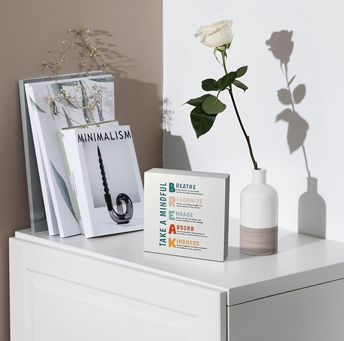 kunlisa Mental Health Take a Mindful Break Stress Management Wooden Box Sign Desk Decor,Rustic Wood Block Plaque Box Sign for Therapy Office School Counseling Office Wall Shelf Tabletop Decoration