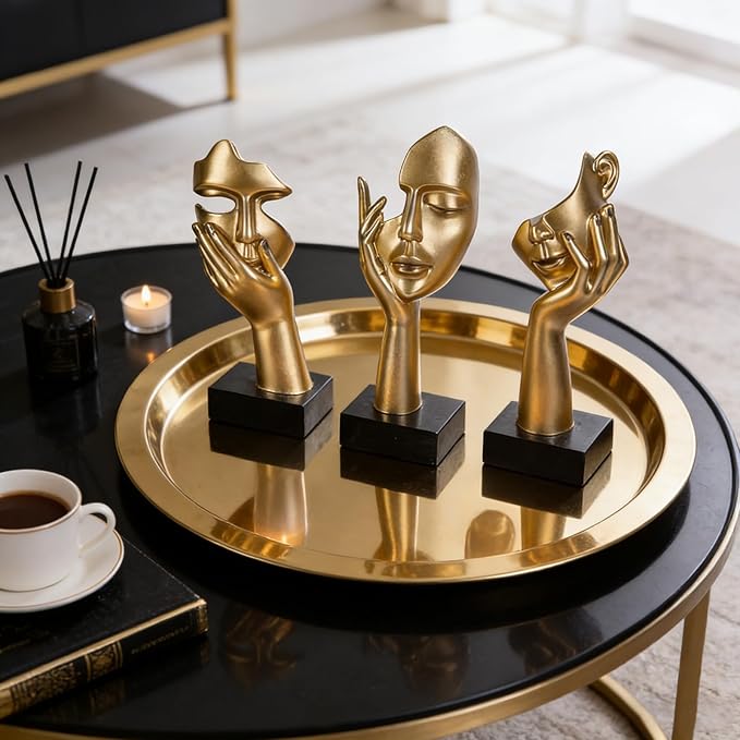 3 Pcs Thinker Small Statue Set - Black Gold Home Decor Abstract Art Figurines for Shelves, Living Room Coffee Table, Office Desktop (3 Pcs Gold, 6")