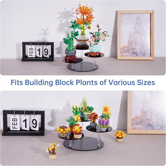 NiHome Black Acrylic Display Stand for LEGO Botanical Collection Sets, Multi-Tier Showcase Figurine Display Shelf Riser for Collectibles and Room Decor, Perfume Riser Holder, Tabletop Plant Stand