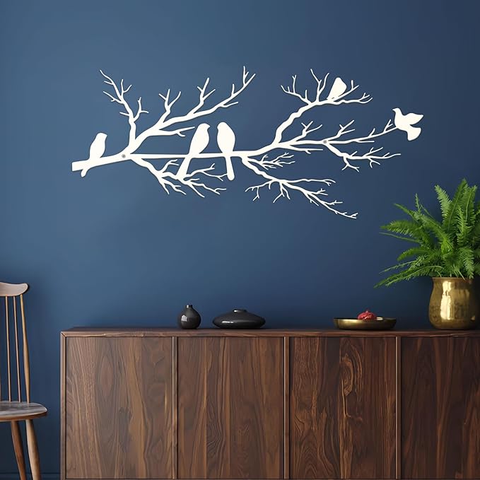 ESTART Metal Birds Wall Art, Metal Vivid Birds on Branch Silhouette Wall Decor White Leaves with Bird Outdoor Hanging Wall Sculpture for Home Living room Bedroom Balcony Garden (White, Large)