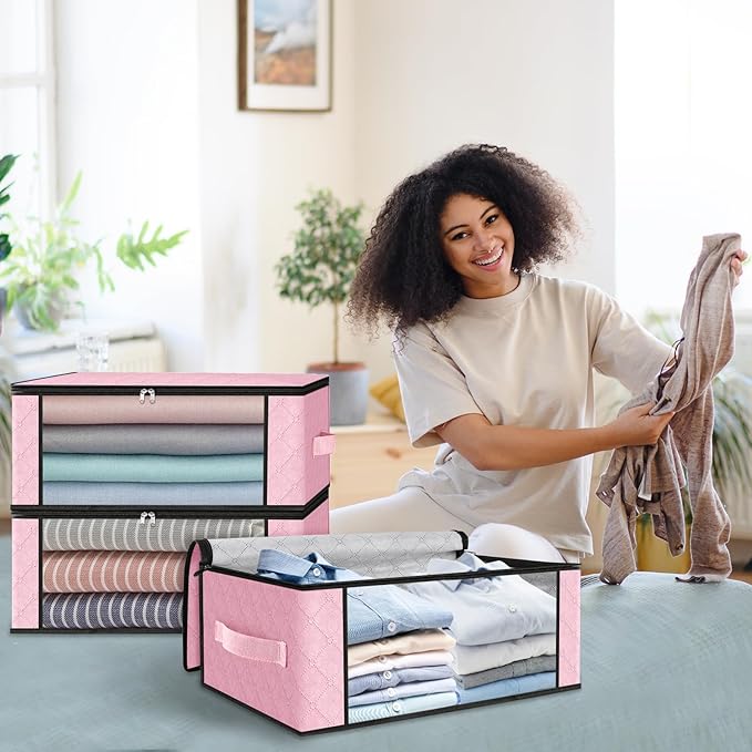 HomeHacks Storage 10-Pack Clothes Organizer Storage Bags Foldable Storage Box with Large Clear Window Sturdy Handles for Closet, Dorm, Pillows, Bedding, Clothes, Blankets, 35L, Pink
